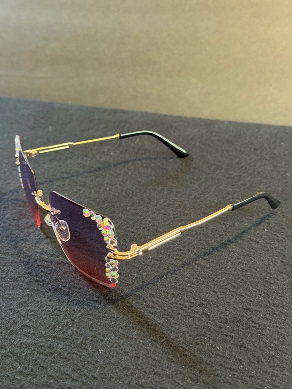 Rhinestone Accent Pink Gradient Rimless Sunglasses - Picture 4 of 5